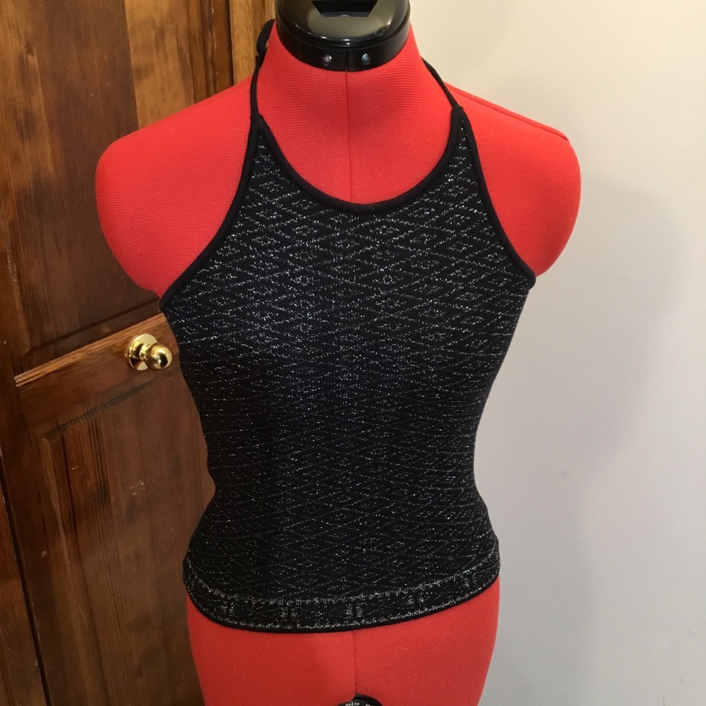 Ellie Tahari low back necktie blouse, no size, metallic diamond pattern, stretch